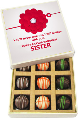 

Chocholik Rakhi Gift Box - You’ll never lose me, I will always with you. - Dark, Milk, White Chocolate Truffles - 9pc Truffles(135 g)