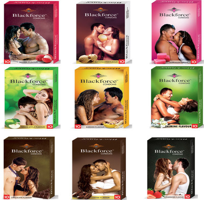 Black Force condom 90 pcs 9 set of lychee , banana , green apple , strawberry , butterschoth and chocolate flavour extraa dotted condom Condom(Set of 9, 90S)