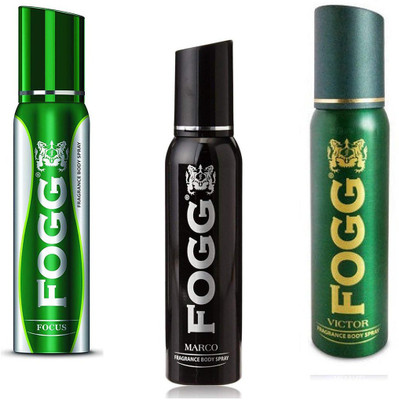 

Fogg FOCUS,MARCO AND VICTOR FRAGRANCE BODY SPRAY ( 360 ML PACK OF 3 ) Deodorant Spray - For Men & Women(360 ml, Pack of 3)
