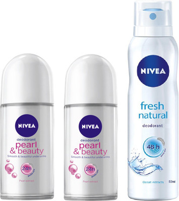 

Nivea Pearl & Beauty Roll on 50 ml & Fresh Natural Deodorant 150 ml - Pack of 3 Body Spray - For Women(250 ml, Pack of 3)