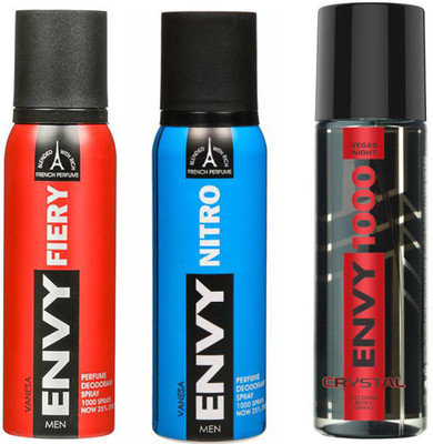 

ENVY 1000 CRYSTAL DEODORANT 120 ML+NITRO DEODORANT 120 ML+FIERY DEODORANT 120 ML Deodorant Spray - For Men & Women(120 ml, Pack of 3)