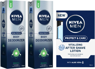 

Nivea Men Energy Body Deodoriser & Protect & Care After Shave Lotion Combo - Pack of 3 Body Spray - For Men(450 ml, Pack of 3)