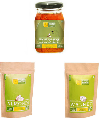 

Bhookha Haathi Premium Silver Kashmiri Dry Fruit Mix Combo 2 (100gms Snow White Walnuts, 100gms Almonds, 250gms Saffron Blended Forest Honey) - 100% Natural/Organic - 450gms ARYA Grade Combo