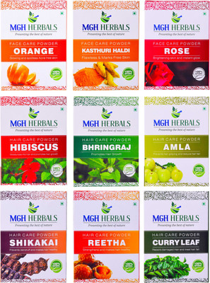 

MGH Herbals Henna, Indigo, Shikakai, Hibiscus, Bhingraj, Amla, Neem, Reetha &Curry Leaf (Pack of 9)(1800 g)