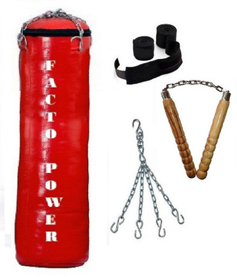 

FACTO POWER 5.5 Feet Long, SRF - ECONOMIC Material, Red Color, Unfilled with Hanging Chain with 9 Feet Long Black Color Hand Wraps Pair & Wooden Handle Non Chaku Boxing Kit