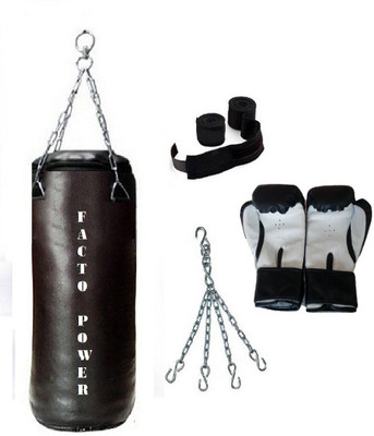 

FACTO POWER 7.0 Feet Long, SRF - ECONOMIC Material, Black Color, Unfilled with Hanging Chain with 9 Feet Long Black Color Hand Wraps Pair & Boxing Gloves Pair Boxing Kit