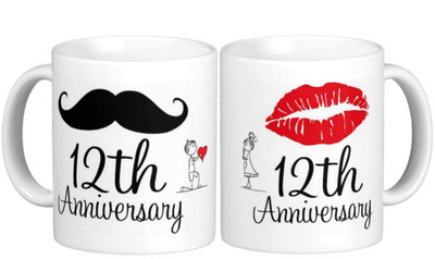 

Exoctic Silver 12th Marriage Anniversary Ceramic Mug(300 ml, Pack of 2), Multicolor
