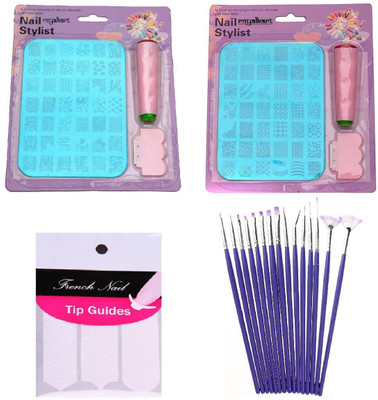 

Royalkart Nail Art Stamping double Kit With 15 Pcs Nail Art Brush & Nail Art Finger Tip Guide Sheet Gift For Girl Women Latest Edition ( XY 12-14 )(multi color)