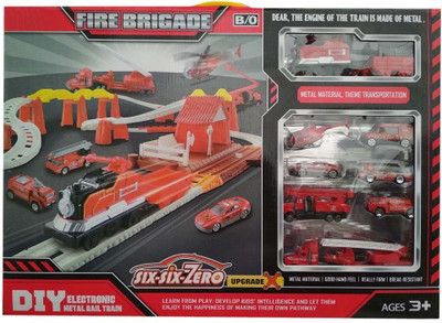 

IndusBay Fire Station Site Toy Battery operated Track & Train Set with 7 unbreakable Fire Rescue FireMan Vehicles(Red)