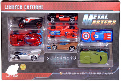 

Montez 8 Pcs Super Action Hero Series Metal Body Super Car Die Cast Toy with Incredible Finishing(Multicolor)