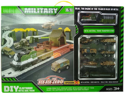 

IndusBay Army Track Racer Play set with Train Track and Battery Operated Military Train with 7 Die-Cast Military Vehicles(Green)