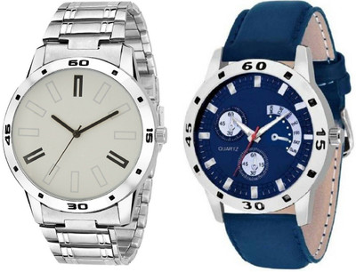 

iDIVAS White & Blue Dial Casual Look Sett Of Two Leather And Metal Strap 71511 Watch - For Men