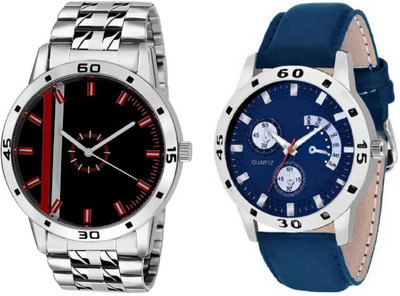 

iDIVAS Black & Blue Dial Casual Look Sett Of Two Leather And Metal Strap 71505 Watch - For Men