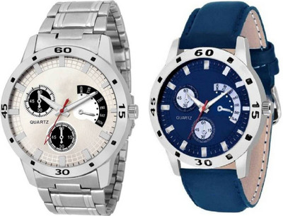 

iDIVAS White & Blue Dial Casual Look Sett Of Two Leather And Metal Strap 71507 Watch - For Men