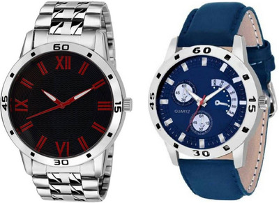 

iDIVAS Black & Blue Dial Casual Look Sett Of Two Leather And Metal Strap 71501 Watch - For Men