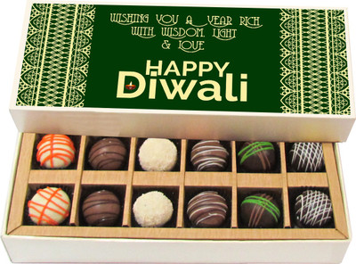 

Chocholik Diwali Sweets - Wishing You A Year Rich With Wisdom, Light & Love - Dark, Milk, White Chocolate Truffles - 12pc Truffles(180 g)