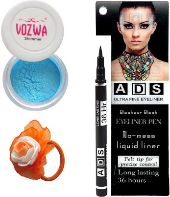 

Vozwa Blue Gradient Eyeshadow Shimmer Powder, No-mess black Eyeliner Pen and Band(Set of 3)