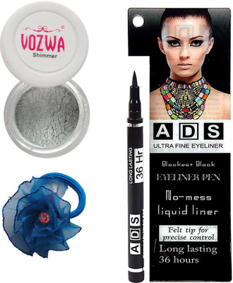

Vozwa Silver Eyeshadow Shimmer Powder, No-mess black Eyeliner Pen and Band(Set of 3)