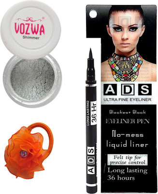 

Vozwa Silver Eyeshadow Shimmer Powder, No-mess black Eyeliner Pen and Band(Set of 3)