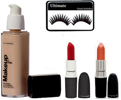 

Ultimate Eyelashes, Mac Make Up Pro Longwear Foundation, Red & Orange Lipstick(Set of 4)