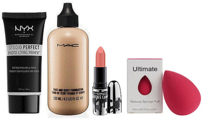 

Ultimate Sponge Puff, Mac Face And Body Foundation, Brookcandy Orange Lipstick, NYX Primer(Set of 4)