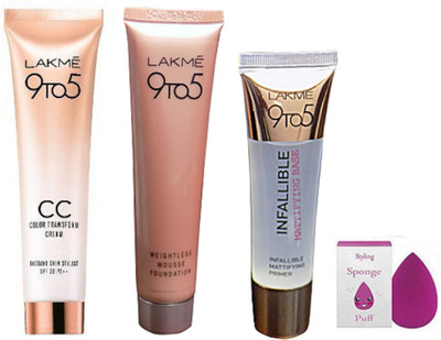 

Styling Sponge Puff, 9to5 Weighless Mousse Foundation With Infallible mattyfying Base Primer With CC Color Transefrom Cream SPF 30 PA++(Set of 4)