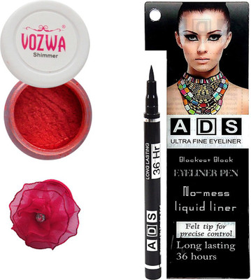 

Vozwa Red Eyeshadow Shimmer Powder, No-mess black Eyeliner Pen and Band(Set of 3)