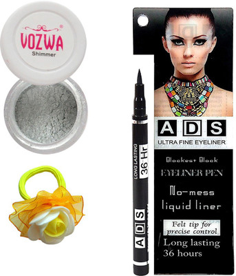

Vozwa Silver Eyeshadow Shimmer Powder, No-mess black Eyeliner Pen and Band(Set of 3)