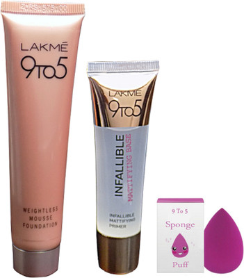 

9 to 5 sponge puff , weitghless mousse foundation 29 g with inflalible mattifying base primer(Set of 3)