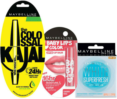 

Maybelline The Colossal Kajal, Baby Lips - Cherry Kiss and White Super Fresh(Set of 3)