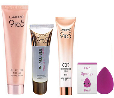 

9 to 5 sponge puff , Weightless Mousse Foundation , infallible mattifying base primer with CC color transform cream bronze instant skin stylist(Set of 4)