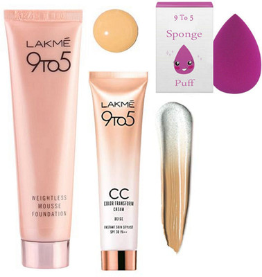 

9 to 5 sponge puff , lakme weightless mousse foundation with CC color transform cream bronze instant skin stylist(Set of 3)