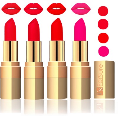 

Forsure Golden Velvet Matte Lipstick(Red,Sweet Pink,Romantic Red,Peach, 14 g)