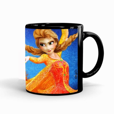 MUGKIN BLACK Cartoon Themed F17 Frozen Official Cartoon Movie Printed Ceramic Coffee Mug(350 ml)