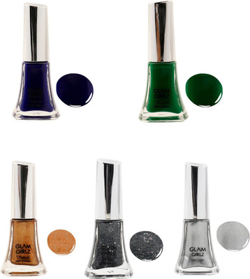 

Glam Girlz nail polish combo(set of 5) Blue, Green, Grey, Black, Gold(Pack of 5)