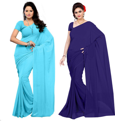 Sidhidata Solid/Plain Daily Wear Georgette Saree(Pack of 2, Light Blue, Blue)
