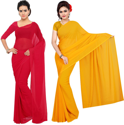 Sidhidata Solid/Plain Daily Wear Georgette Saree(Pack of 2, Red, Gold)