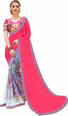 Gaurangi Creations Embellished, Printed Fashion Faux Georgette, Chiffon Saree(Pink, Cream) Flipkart