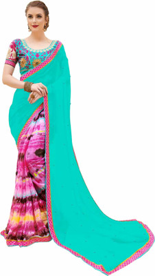 Gaurangi Creations Embellished, Printed Fashion Faux Georgette, Chiffon Saree(Light Blue, Pink) Flipkart