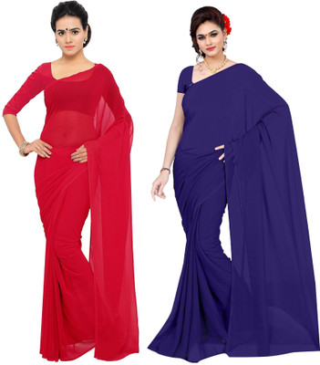 Sidhidata Solid/Plain Daily Wear Georgette Saree(Pack of 2, Red, Blue)