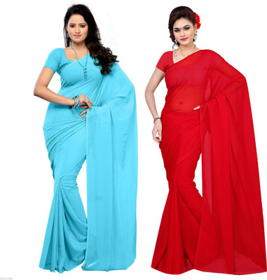 Sidhidata Solid/Plain Daily Wear Georgette Saree(Pack of 2, Light Blue, Red)