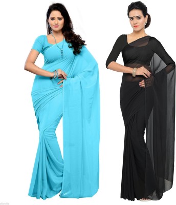 Sidhidata Solid/Plain Daily Wear Georgette Saree(Pack of 2, Light Blue, Black)