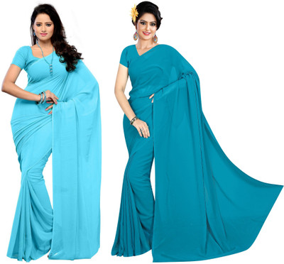 Sidhidata Solid/Plain Daily Wear Georgette Saree(Pack of 2, Dark Blue, Light Blue)