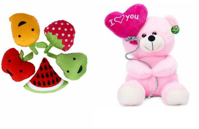 

Deals India soft toy Fruits(set of 5)(15 cm) and I Love You Balloon Heart Teddy Pink (30 cm)combo - 15 cm(Multicolor)