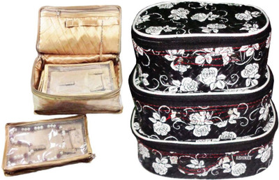 

FUNKROO combo of 2 cosmetic pouch set of 3 and necklace organizer jewellry storage vanity box jewellery and Cosmatic pouch Vanity Box(Multicolor)