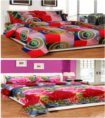 Panipat Textile Hub Microfiber Double Flat 140 TC 3D Printed Bedsheet(Pack of 2, Red, Grey)