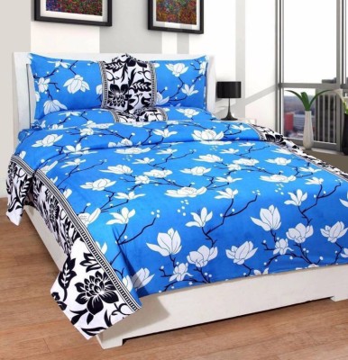 Gewar Patti 144 TC Cotton Queen Floral Flat Bedsheet(Pack of 1, Blue)