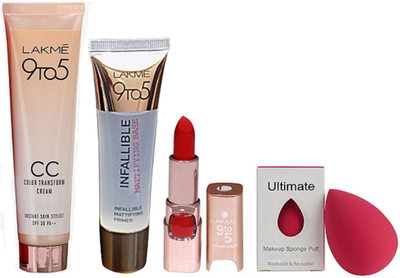 

Ultimate Sponge Puff, Lakme 9 To 5 C C Cream & Infallible Primer, Red Lipstick(Set of 4)