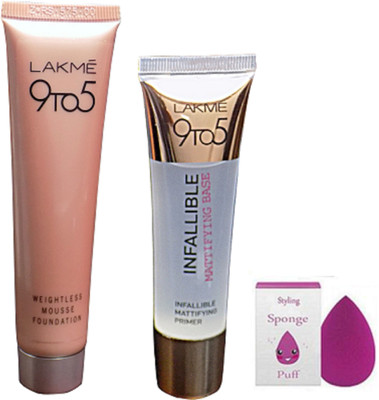 

Styling Sponge Puff,LAkme 9to5 Weighless Mousse Foundation With Infallible mattyfying Base Primer(Set of 3)