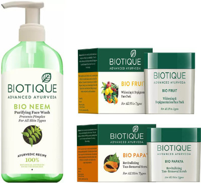 

BIOTIQUE BIO Neem Purifying Face Wash For All Skin Types, Fruit Whitening & Depigmentation Face Pack, Papaya Revitalizing Tan-Removal Scrub(Set of 3)